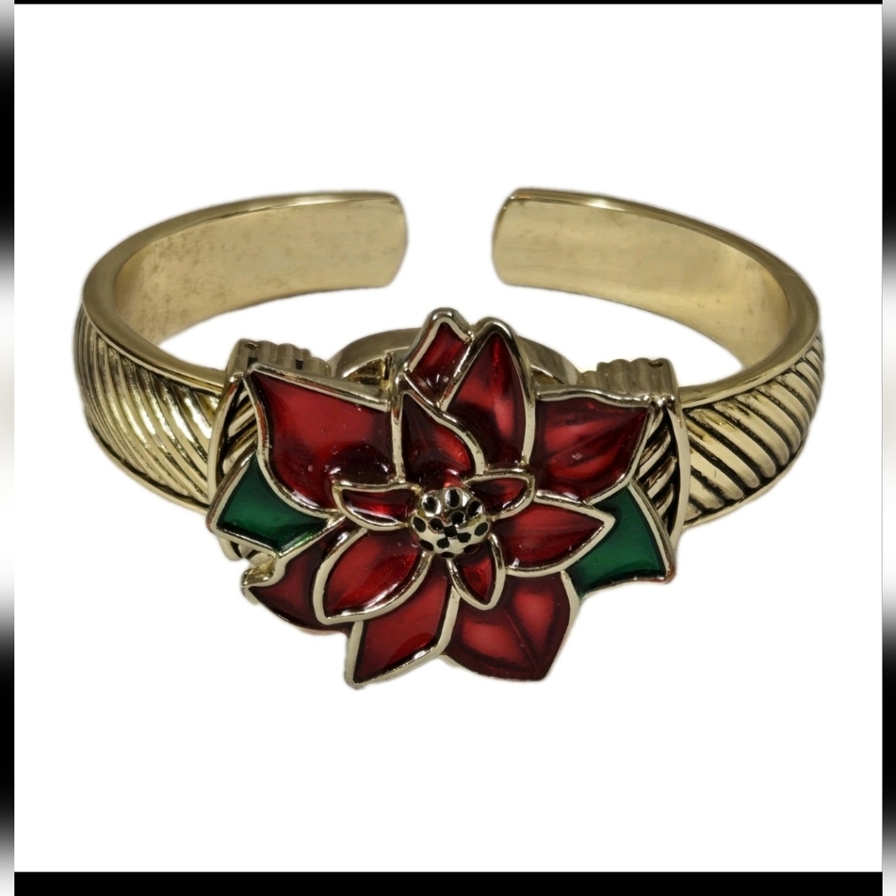 Christmas Red Poinsettia Gold Bangle Bracelet Flip Watch White Face Easy Read